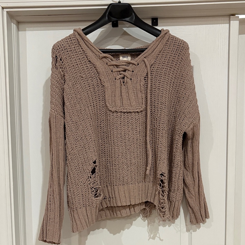 BKE Taupe Lace-Up V-Neck Sweater
